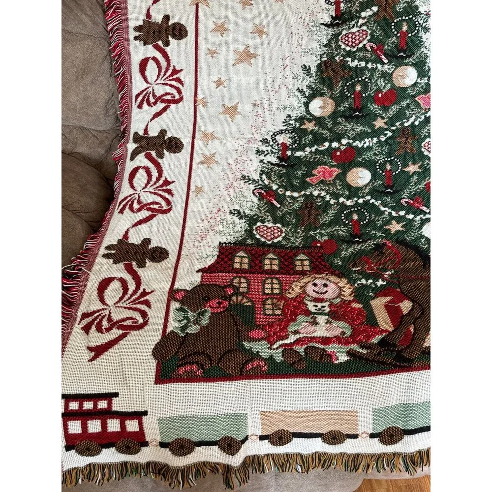Vintage Holiday Tapestry Throw Blanket With Christmas Tree, Toys Train warm Gift